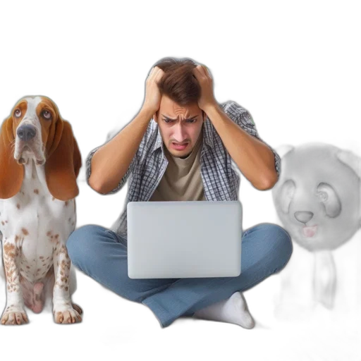 man, basset, hound, stuffed, panda, sits, floor, living transparent PNG cut-out