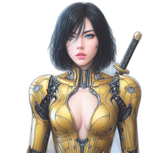 robot, weapon, dress, comic book art, fantasy art, concept art, 3d render, golden transparent PNG cut-out