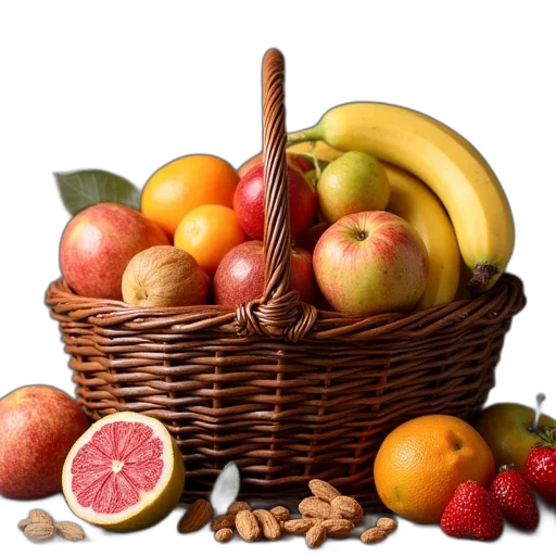 food, photorealistic, colorful, fruit, company, gift, basket, nuts transparent PNG cut-out