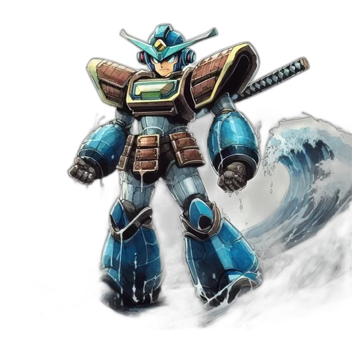 robot, weapon, concept art, fantasy art, watercolor, comic book art, underwater, blue transparent PNG cut-out