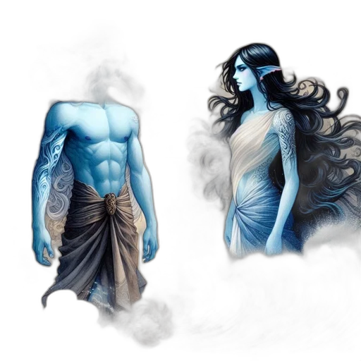 fantasy art, concept art, comic book art, photorealistic, underwater, fog, blue, two transparent PNG cut-out