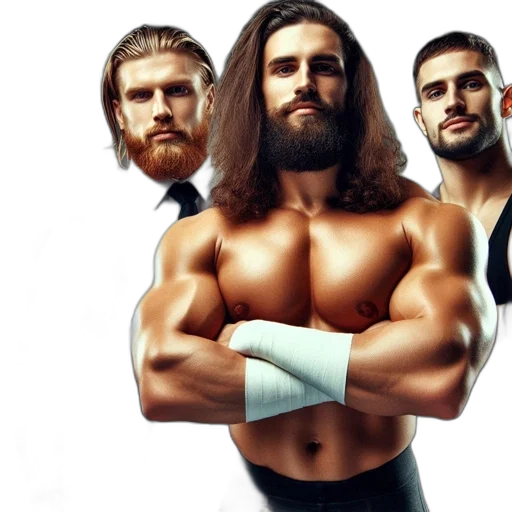 hair, four, male, athletes, wrestlers, pose, line, displaying transparent PNG cut-out
