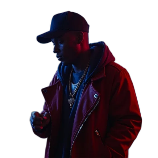 jacket, hat, neon lights, hip, hop, artist, makes, appearance transparent PNG cut-out
