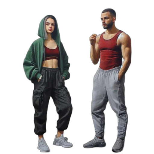 jacket, concept art, cyberpunk, 3d render, photorealistic, two, persons, stand transparent PNG cut-out