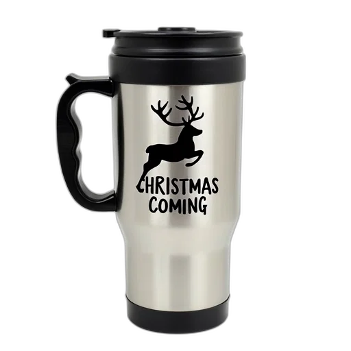 stainless, steel, coffee, mug, black, handle, lid, featuring transparent PNG cut-out