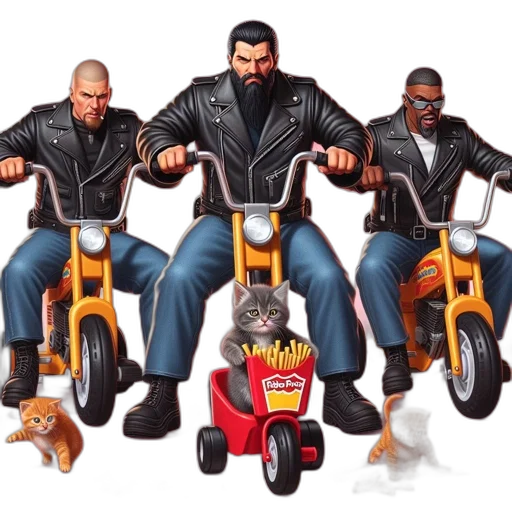 concept art, comic book art, cartoon, three, men, miniature, motorcycles, dressed transparent PNG cut-out