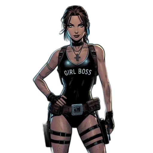 comic book art, concept art, cyberpunk, cartoon, female, character, black, attire transparent PNG cut-out