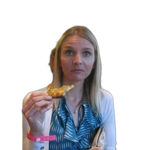 food, staff, woman, blue, shirt, eating, pizza transparent PNG cut-out