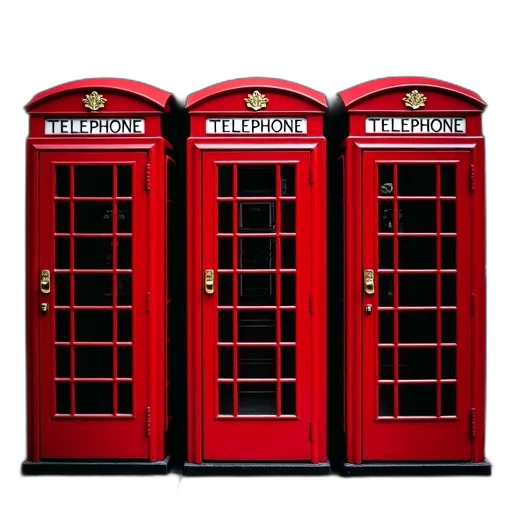building, 3d render, row, three, classic, red, british, telephone transparent PNG cut-out