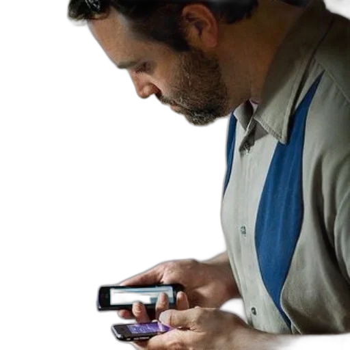 staff, man, button-down, shirt, holding, two, smartphones, one transparent PNG cut-out