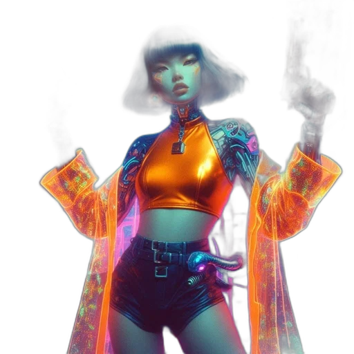 jacket, robot, dress, cyberpunk, concept art, vaporwave, fantasy art, neon lights transparent PNG cut-out