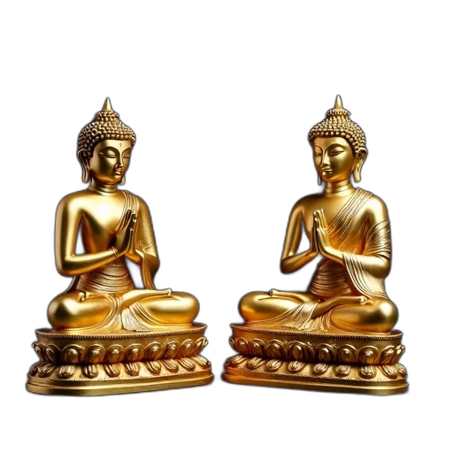 jewelry, 3d render, photorealistic, two, golden, buddha, statues, sitting transparent PNG cut-out
