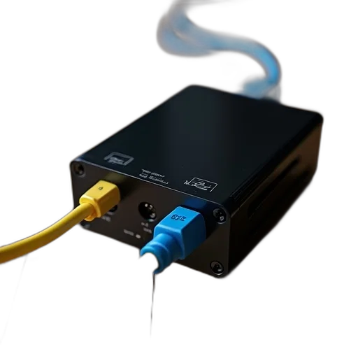3d render, black, electronic, device, yellow, blue, cable, plugged transparent PNG cut-out