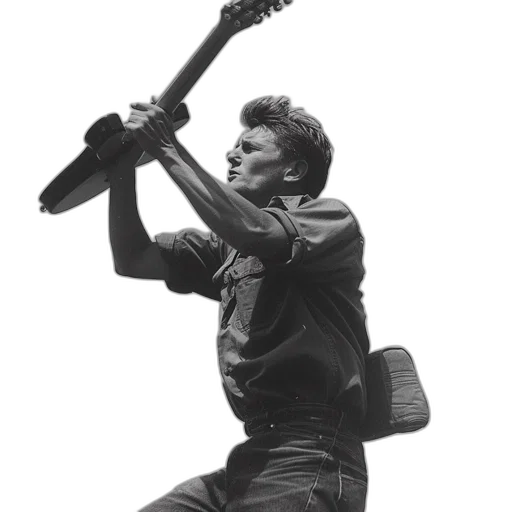 weapon, jacket, staff, young, man, passionately, plays, electric transparent PNG cut-out