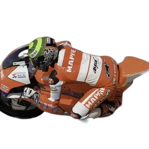 3d render, motorcycle, racer, wearing, orange, suit, word, mapfre transparent PNG cut-out