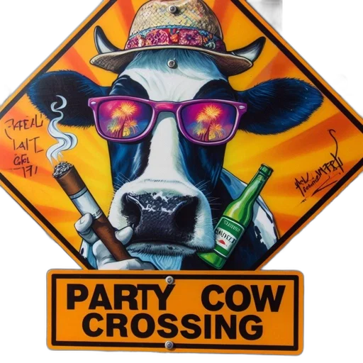 vivid, diamond-shaped, sign, features, comical, cow, donning, sunglasses transparent PNG cut-out