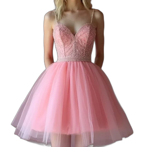 dress, 3d render, pastel, neon, short, pink, prom, pearls transparent PNG cut-out