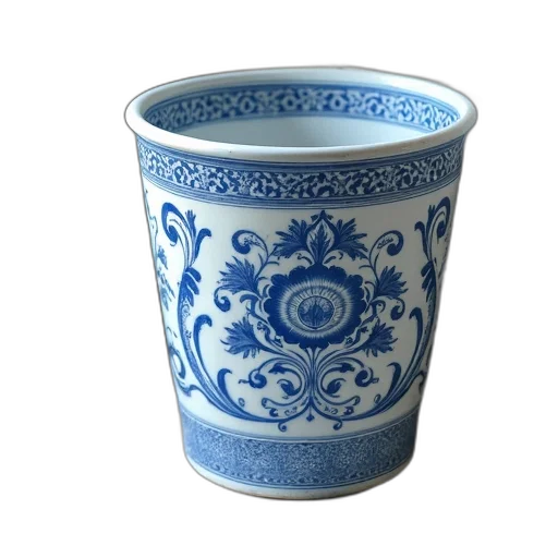 furniture, 3d render, photorealistic, blue, white, porcelain, trash, can transparent PNG cut-out