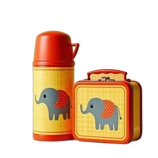 vintage-style, yellow, red, thermos, handle, cap, placed, next transparent PNG cut-out