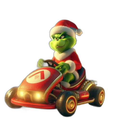 car, 3d render, concept art, holiday, scene, grinch, drives, gift-laden transparent PNG cut-out