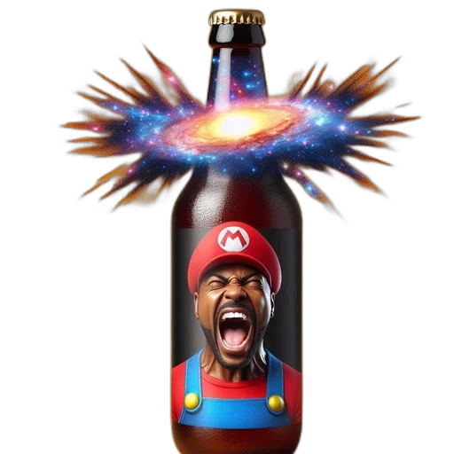 bottle, colorful, label, featuring, mario-like, character, shouting, surrounded transparent PNG cut-out