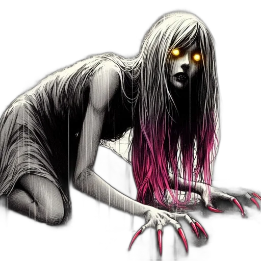 creature, hair, staff, concept art, comic book art, fantasy art, pixel art, eerie transparent PNG cut-out