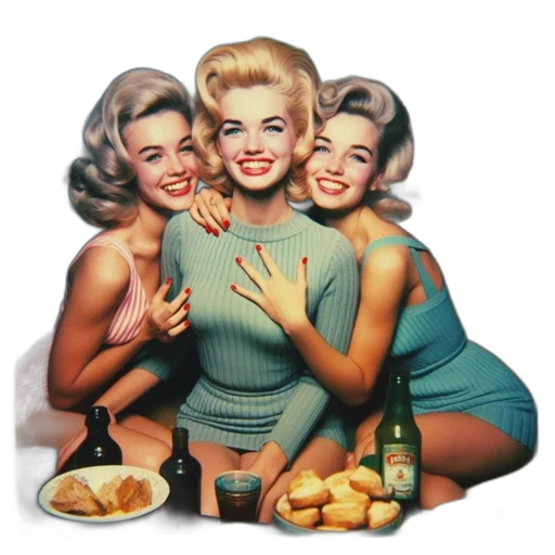 food, dress, jewelry, photorealistic, cheerful, mid-20th-century, image, features transparent PNG cut-out