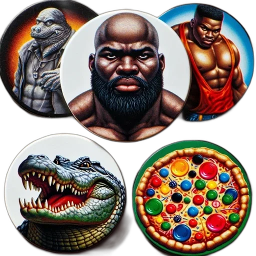 comic book art, collection, circular, artworks, buttons, features, five, distinct transparent PNG cut-out