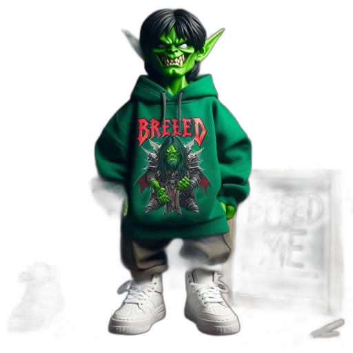 jacket, creature, 3d render, concept art, cartoon, fantasy art, green-skinned, pointy-eared transparent PNG cut-out