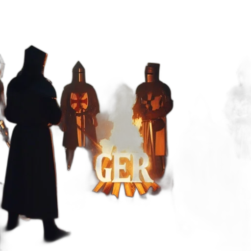 concept art, pixel art, 3d render, fantasy art, fire, knights, gather, around transparent PNG cut-out