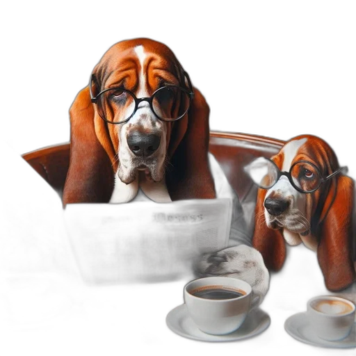 photorealistic, 3d render, concept art, oil painting, two, basset, hounds, wear transparent PNG cut-out