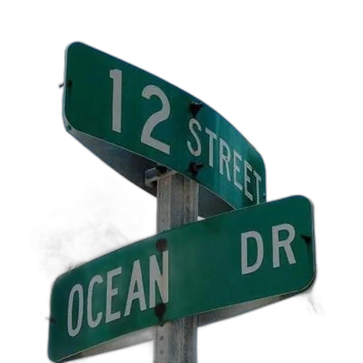 3d render, city street, green, street, sign, reads, ocean, against transparent PNG cut-out