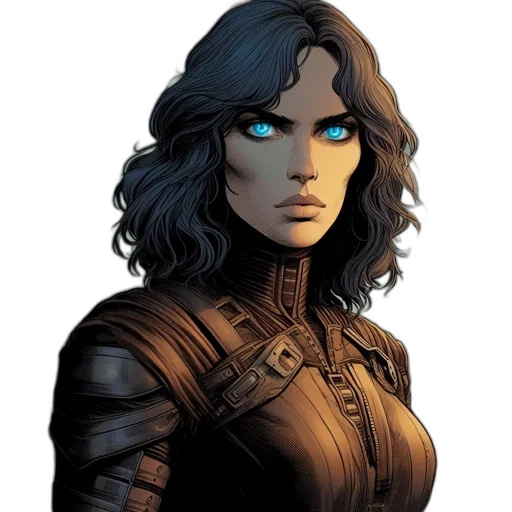 face, comic book art, concept art, fantasy art, cartoon, earth tones, woman, blue transparent PNG cut-out