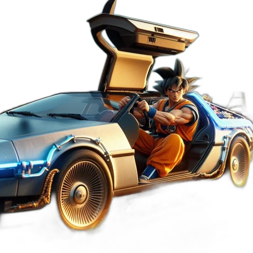 car, concept art, 3d render, cyberpunk, photorealistic, goku-like, figure, sits transparent PNG cut-out