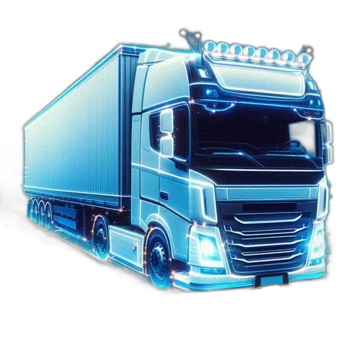 photorealistic, concept art, 3d render, blue, truck, rendered, neon-like, digital transparent PNG cut-out