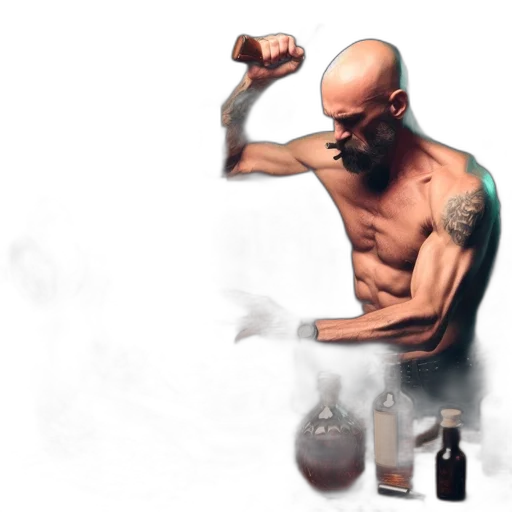 bottle, concept art, photorealistic, fantasy art, comic book art, fire, shirtless, man transparent PNG cut-out
