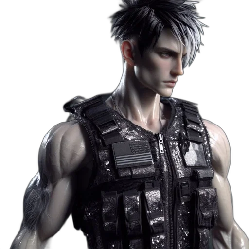 cyberpunk, concept art, photorealistic, 3d render, monochrome, muscular, figure, silver-black transparent PNG cut-out