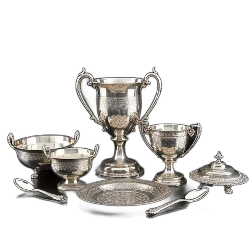 jewelry, crown, collection, trophies, silverware, displayed, dark, surface transparent PNG cut-out