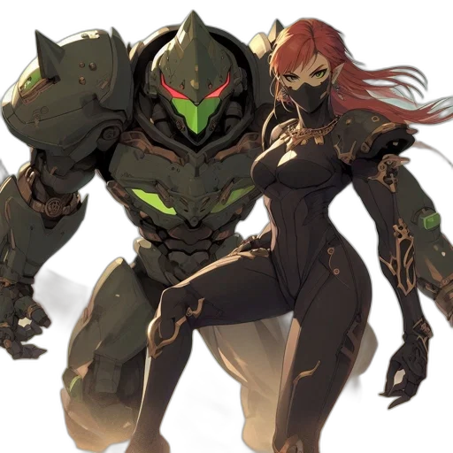 concept art, comic book art, cyberpunk, green, earth tones, two, characters, face transparent PNG cut-out