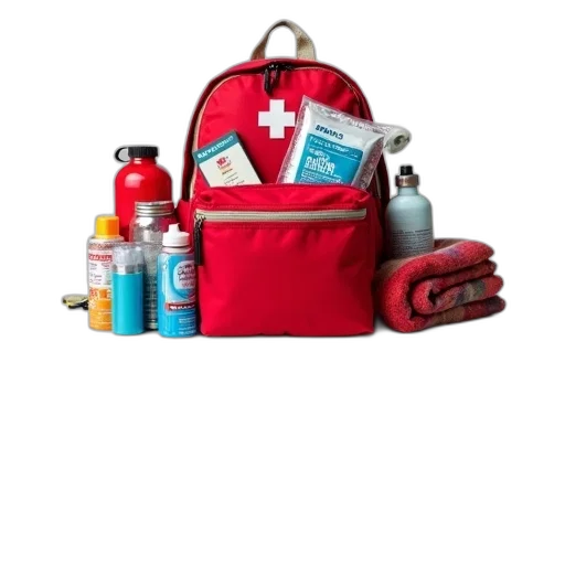 red, backpack, various, emergency, supplies, displayed, include, first transparent PNG cut-out