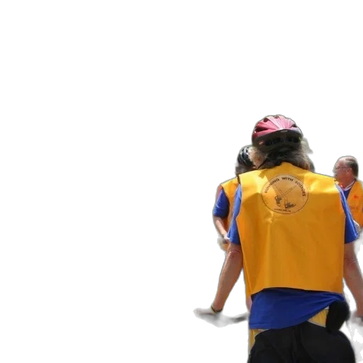 staff, group, people, wearing, yellow, vests, standing, around transparent PNG cut-out