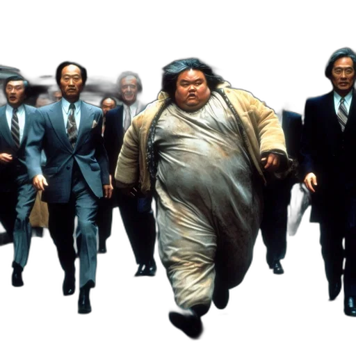 scene, film, man, oversized, suit, runs, past, fellow transparent PNG cut-out