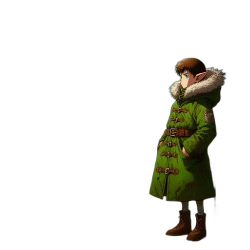 jacket, hat, staff, animal, 3d render, concept art, photorealistic, pixel art transparent PNG cut-out