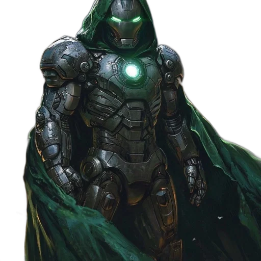 robot, concept art, comic book art, fantasy art, green, figure, cloak, metallic transparent PNG cut-out