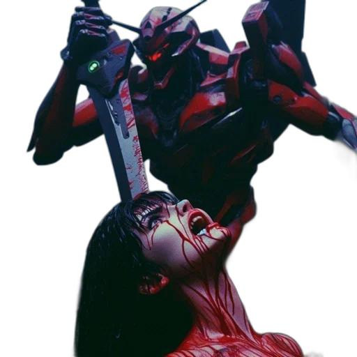 robot, weapon, concept art, comic book art, 3d render, cyberpunk, red, distressed transparent PNG cut-out