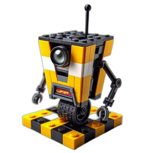 robot, 3d render, concept art, pixel art, yellow, black, lego, named transparent PNG cut-out