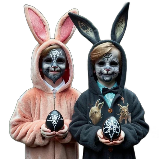 mask, photorealistic, two, children, bunny, costumes, face, paint transparent PNG cut-out