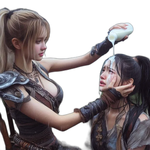 fantasy art, concept art, photorealistic, oil painting, rain, two, armored, women transparent PNG cut-out