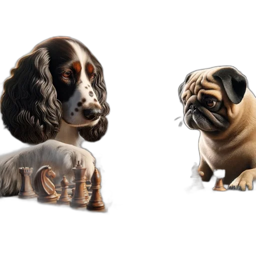 photorealistic, concept art, 3d render, watercolor, two, canines, spaniel, pug transparent PNG cut-out