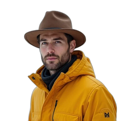 hat, jacket, staff, face, photorealistic, man, wearing, brown transparent PNG cut-out